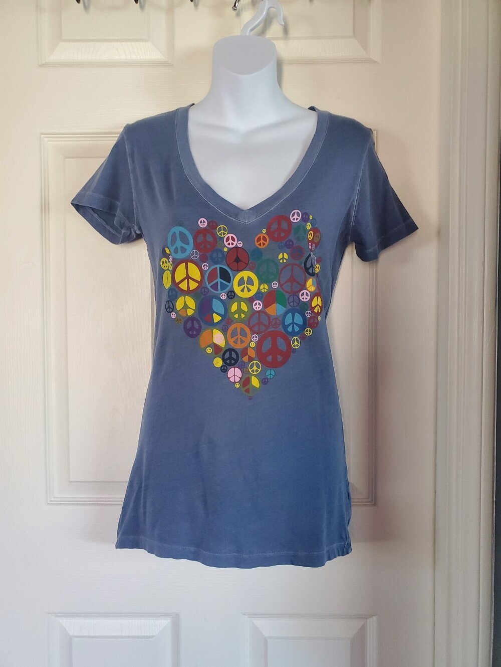 L.O.L. Vintage Blue V-Neck Tee with Multicolor Peace Heart  Love Statement Med